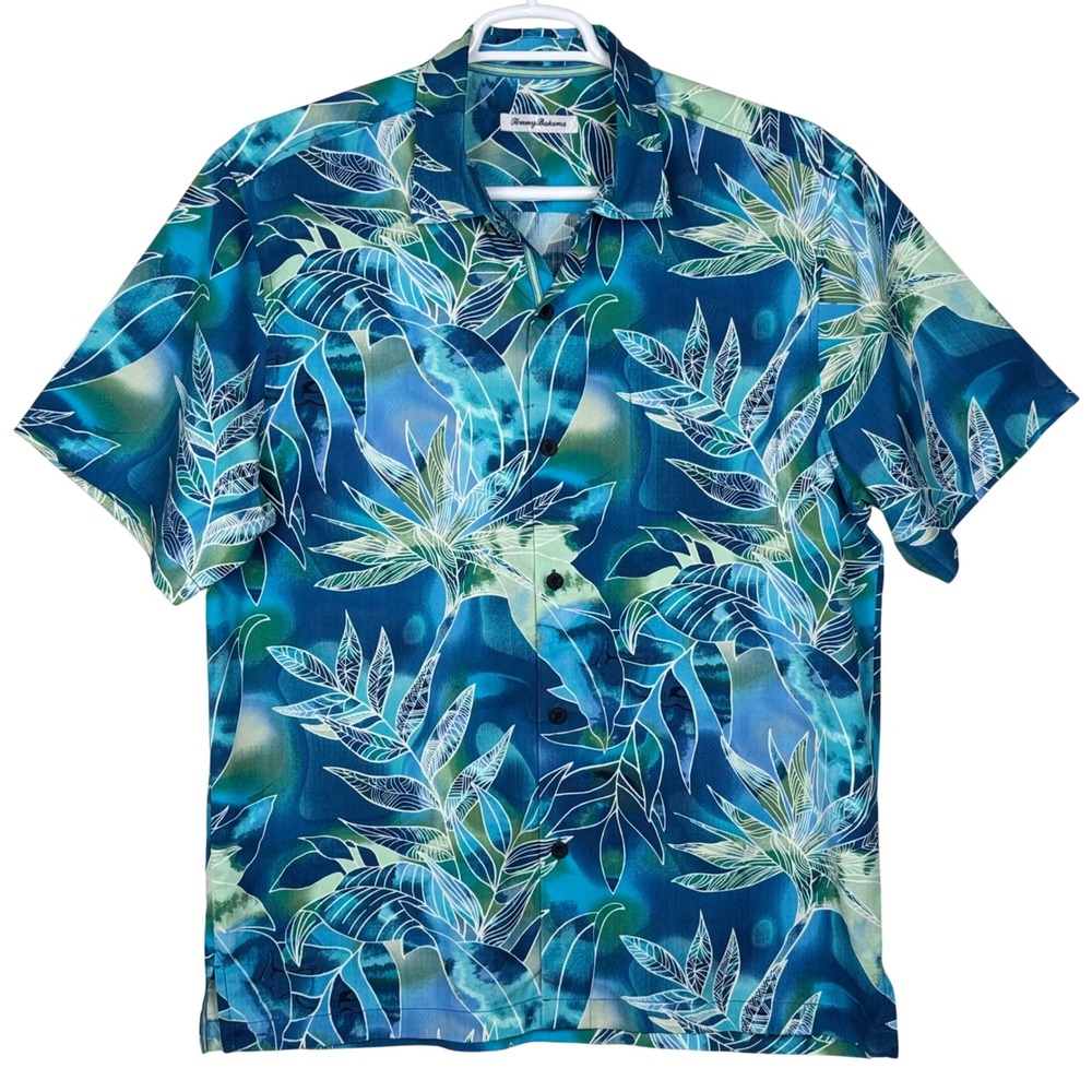 Tommy Bahama TB93 Silk Tropical Hawaiian Shirt Men Large Blue Green Floral Aloha - Picture 2 of 12